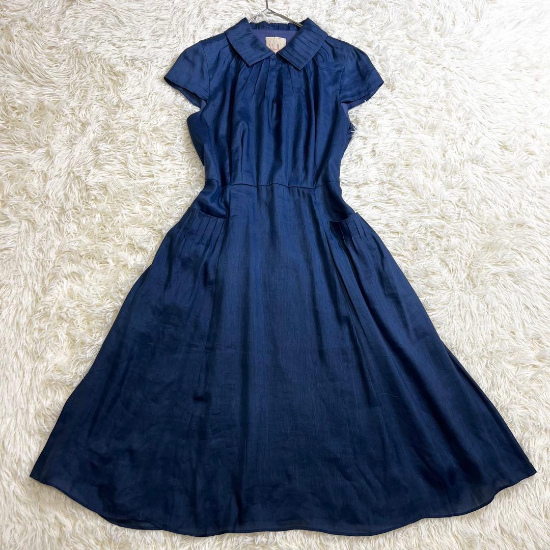 極美品✨シビラ ひざ丈ワンピース フレンチスリーブ シルク混 リネン リボン L