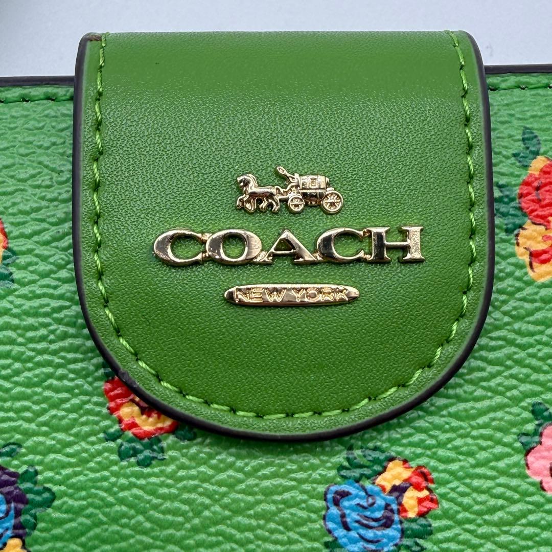 【極美品】COACH コーチ 折り財布 ネオングリーン ヴィンテージローズ 花柄
