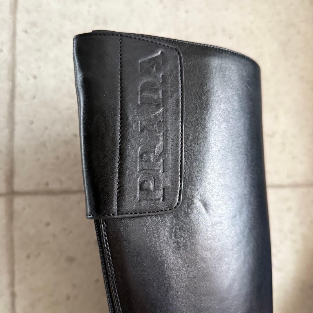 PRADA プラダ レザーロングブーツ ブラック ロゴ入り 保存袋付