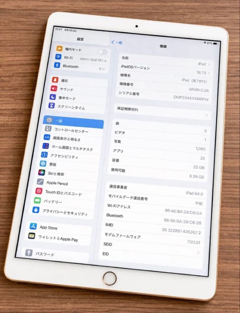 【美品】iPad 第7世代 32GB SIMフリー セルラー バッテリー89%
