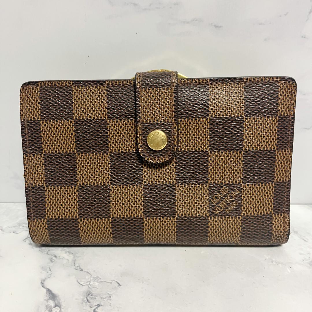 B975【美品】LOUIS VUITTON★ダミエ がま口二つ折り財布 ブラウン