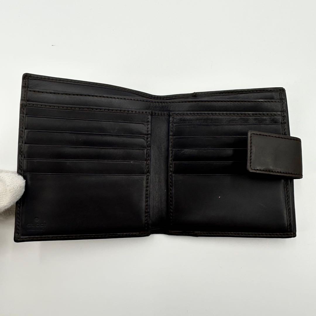 美品✨グッチ 折り財布 GG プレート Wホック ブラウン キャンバス レザー