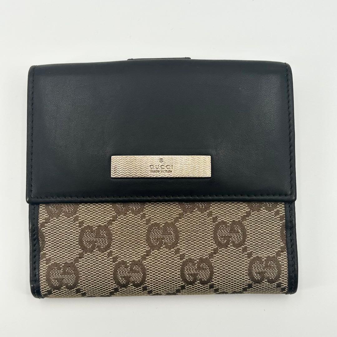 美品✨グッチ 折り財布 GG プレート Wホック ブラウン キャンバス レザー