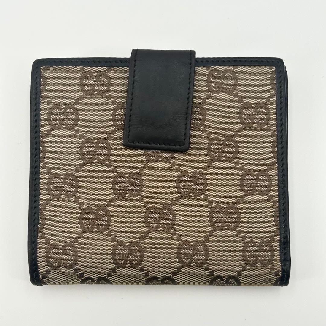 美品✨グッチ 折り財布 GG プレート Wホック ブラウン キャンバス レザー