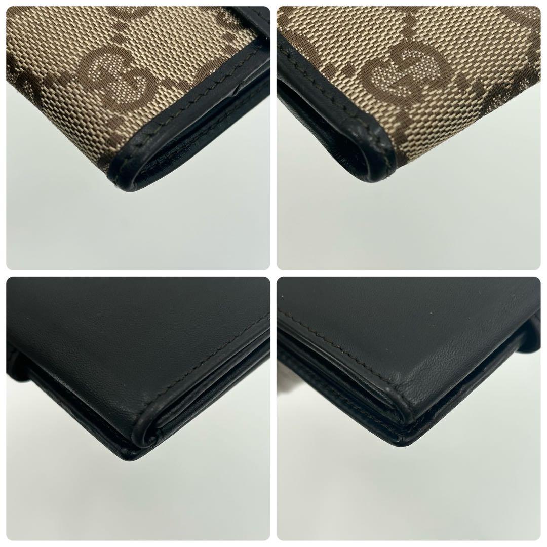 美品✨グッチ 折り財布 GG プレート Wホック ブラウン キャンバス レザー