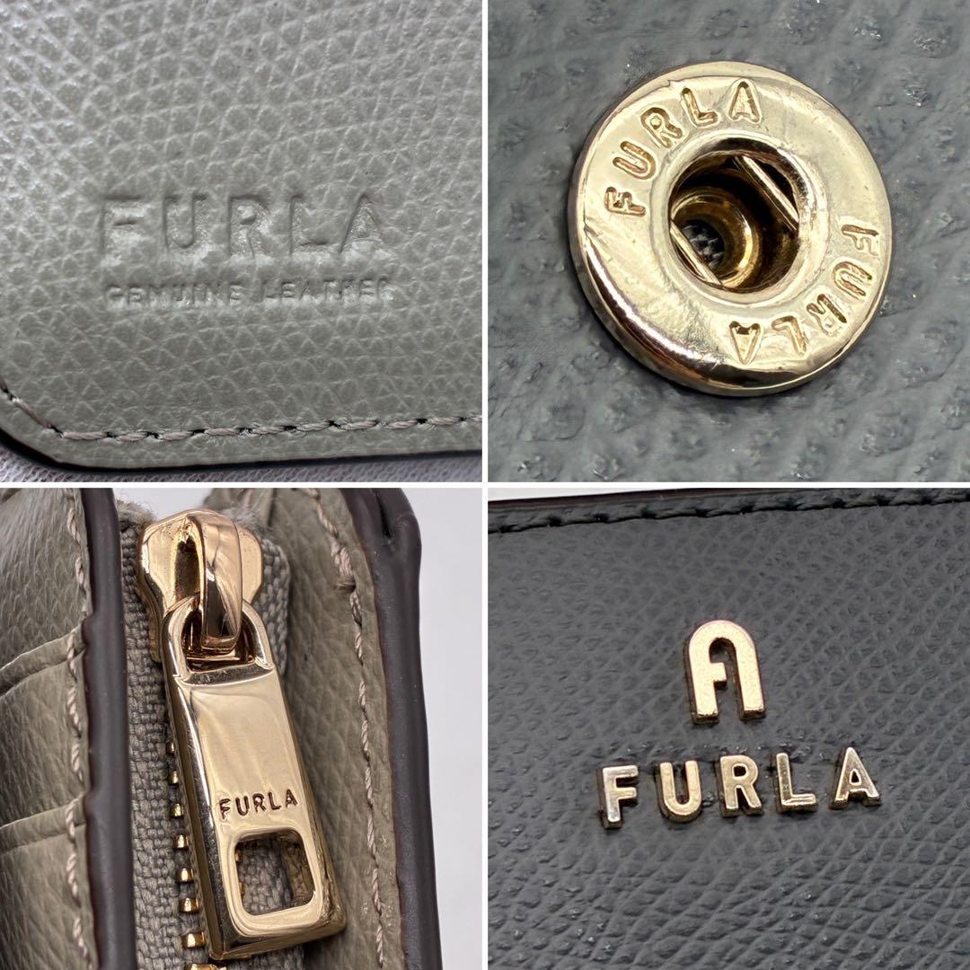 未使用に近い フルラ カメリア 二つ折り財布 アーチロゴ レザー 箱付き グレー