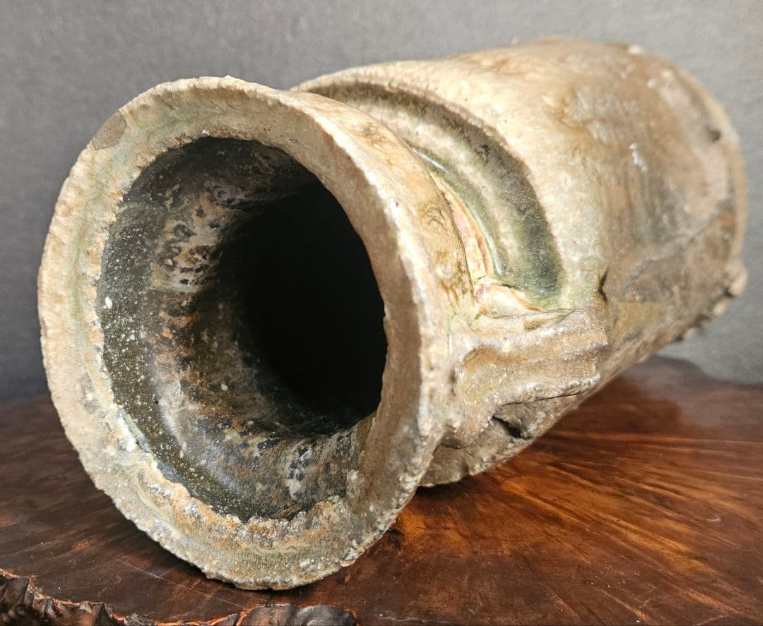 信楽焼　現代作家作　無銘　窯変　 双耳花入　花生け　茶道具　茶器　華道具