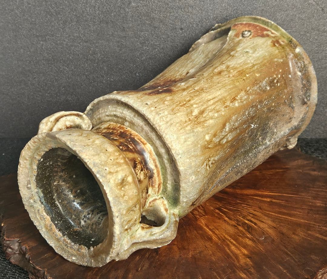 信楽焼　現代作家作　無銘　窯変　 双耳花入　花生け　茶道具　茶器　華道具