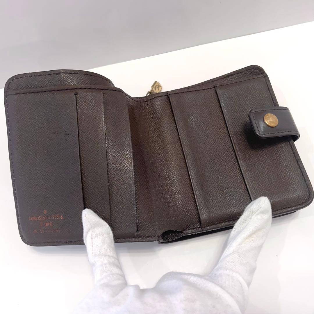 ルイヴィトン ダミエ ラウンドジップ エベヌ 折り財布 茶 革 N61668