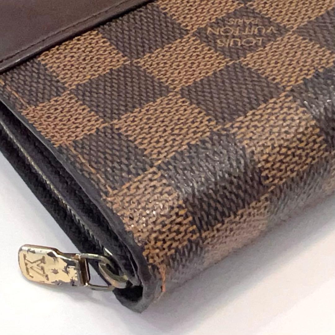 ルイヴィトン ダミエ ラウンドジップ エベヌ 折り財布 茶 革 N61668