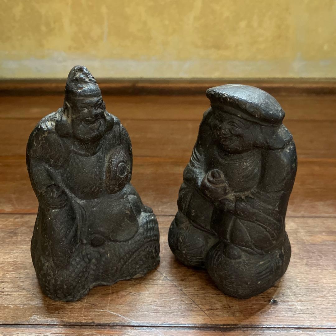 アンティーク 土人形 恵比寿天 大黒天 七福神 彫刻 時代物 骨董