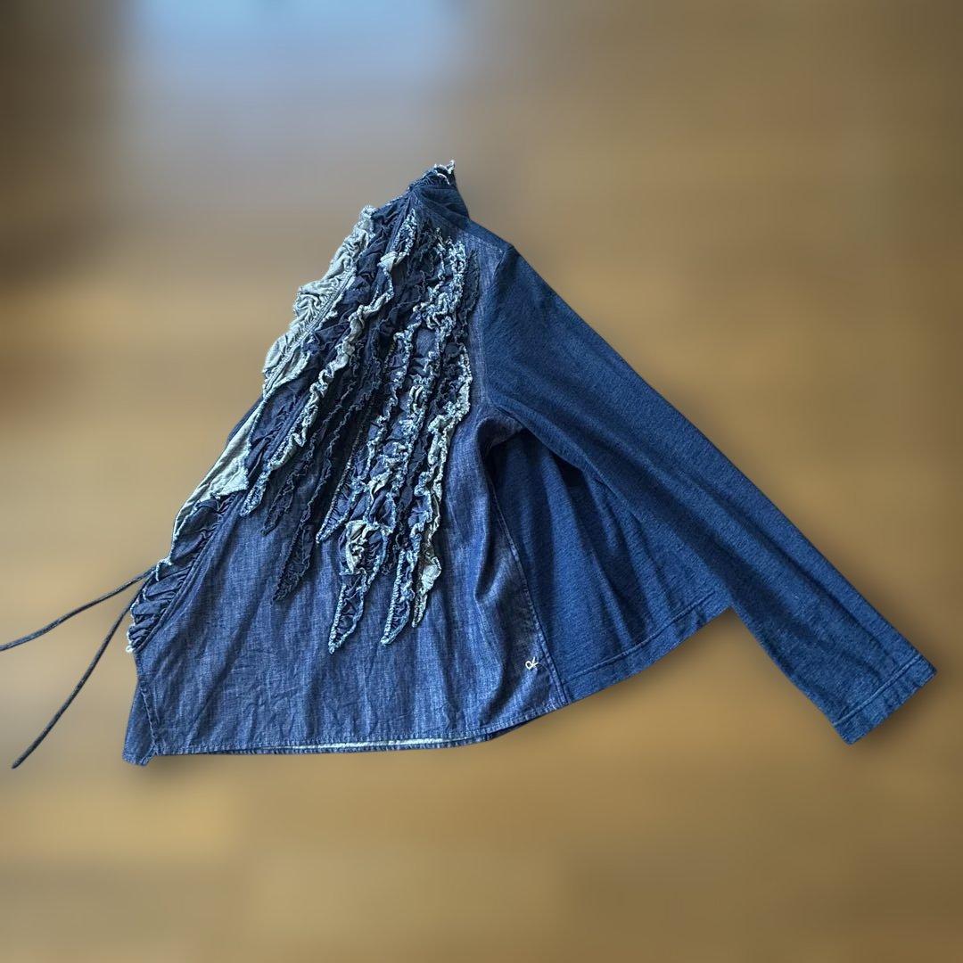 美品★45R★インディゴ染　ゴマデニム　天竺フリルのボレロ カシュクール