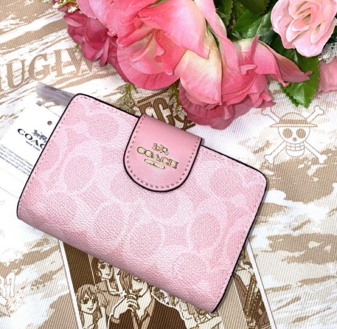 コーチCOACHシグネチャーレザーミディアム財布.パウダーピンク