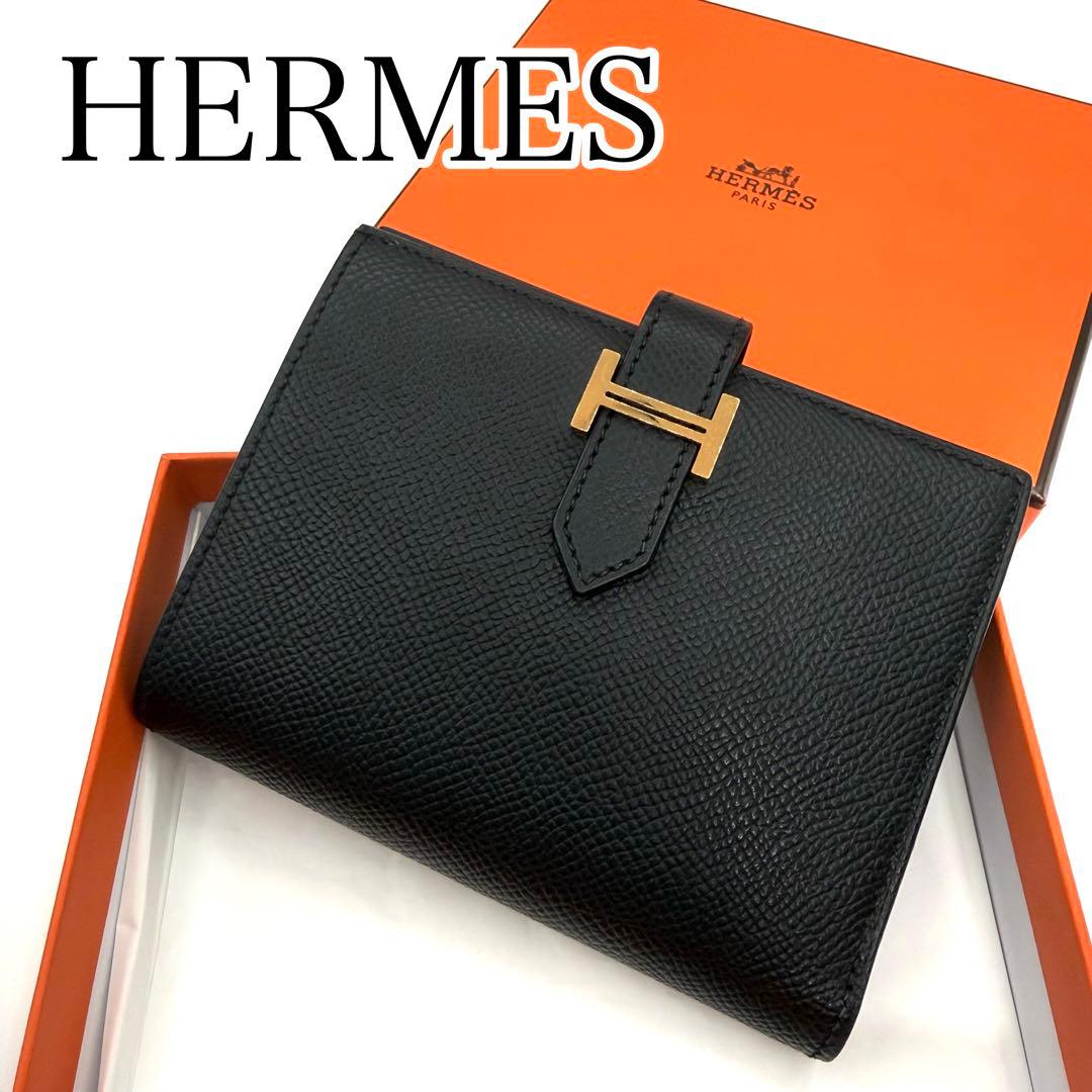 超美品　HERMES ブラック　レザー　二つ折り財布　べアンコンパクト　K刻印