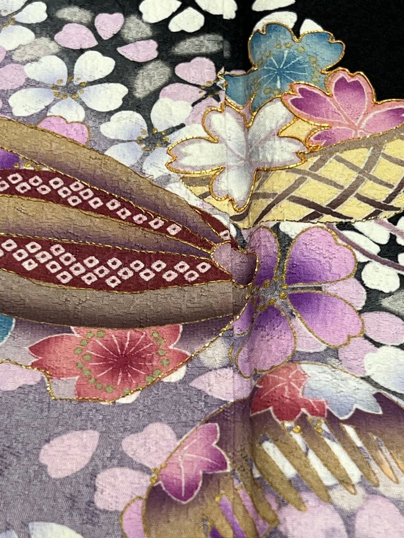 振り袖　フルセット　別誂長襦袢　成人式　金彩加工　刺繍入り　黒　刺繍半襟　803