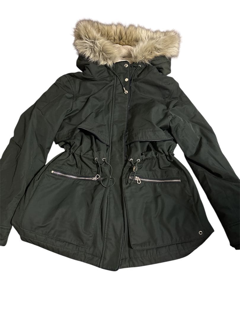 ZARA trf モッズコート カーキ ボア ファー　フード付 Lサイズ