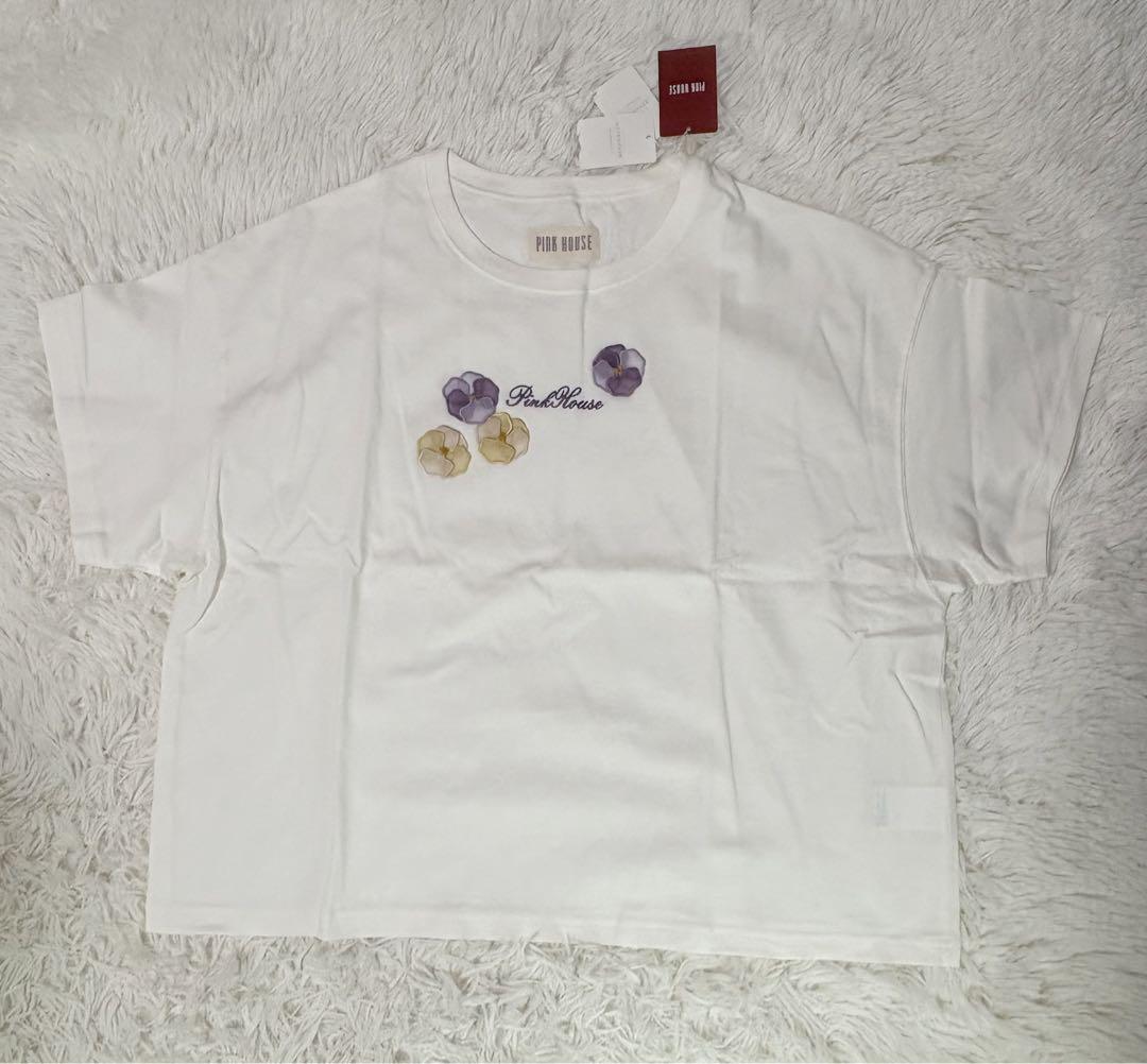 新品タグ付 PINK HOUSE パンジーシリーズ 花モチーフTシャツ 日本製