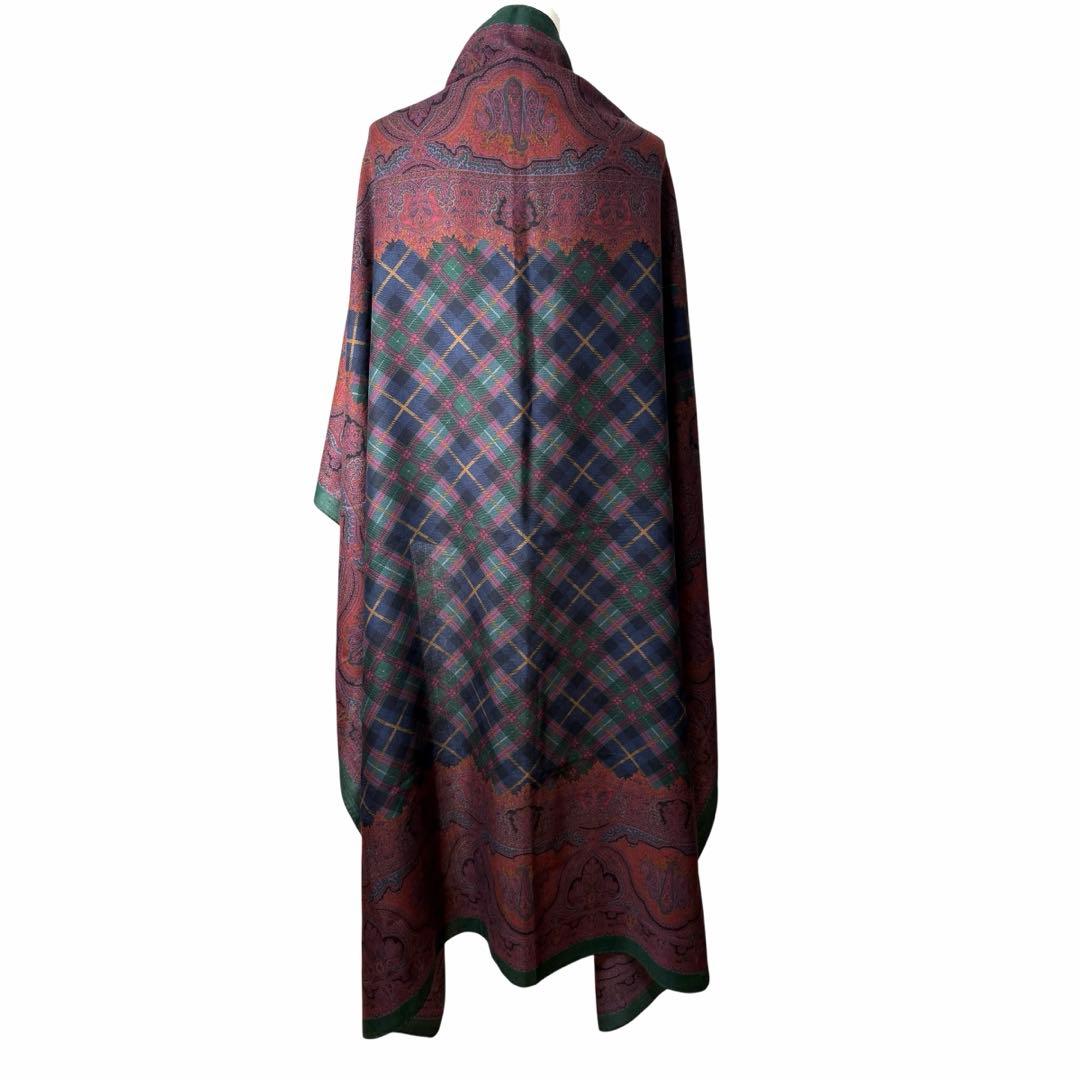 【美品】エトロ 大判ストール ペイズリー タータン ウール シルク イタリア製