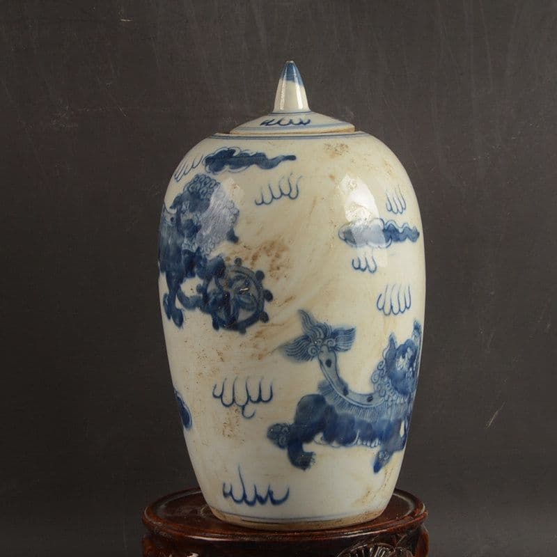 青花獅子あじさい冬瓜壺蓋壺 景徳鎮 陶磁器 装飾品 現代工芸品 美術品 置物