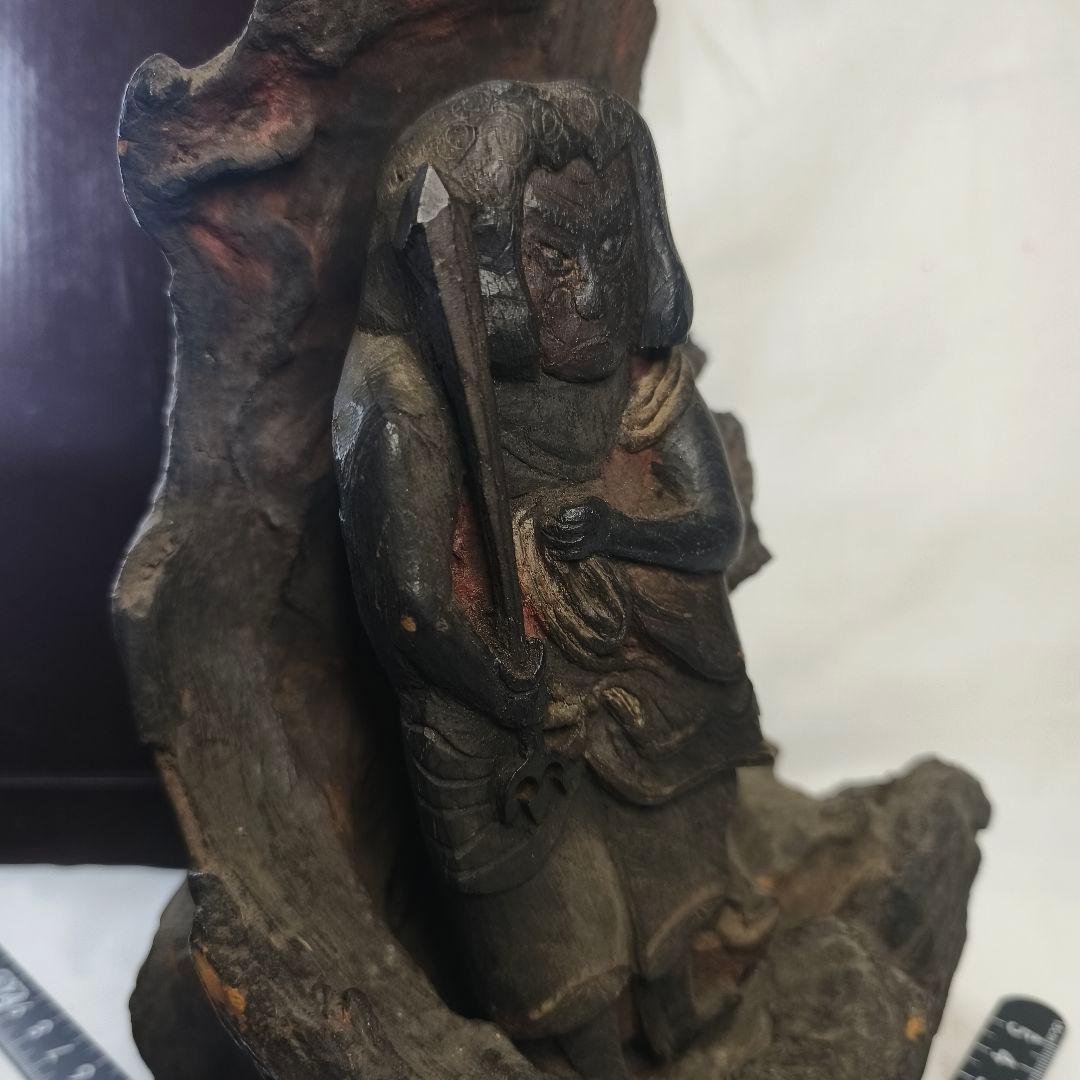 不動明王像 木彫り 樹根彫り光背 江戸骨董 桐箱付 仏教美術 アンティーク