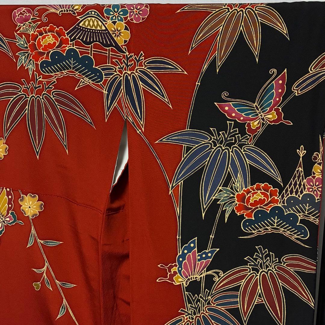 D329 振袖　紅型　丹後縮緬　蝶々　花模様　正絹　着物　袷　未使用極美品