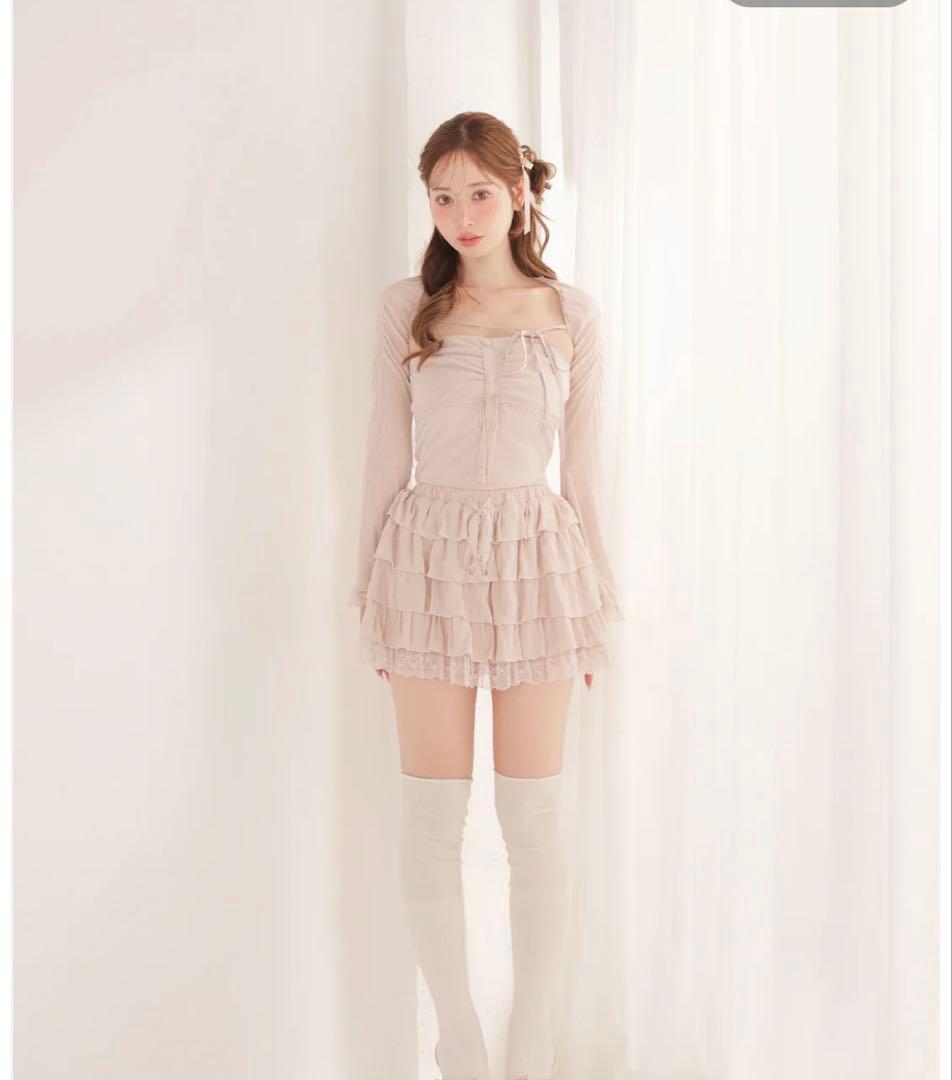 Bell sleeve ribbon bare top ensemble ピンク