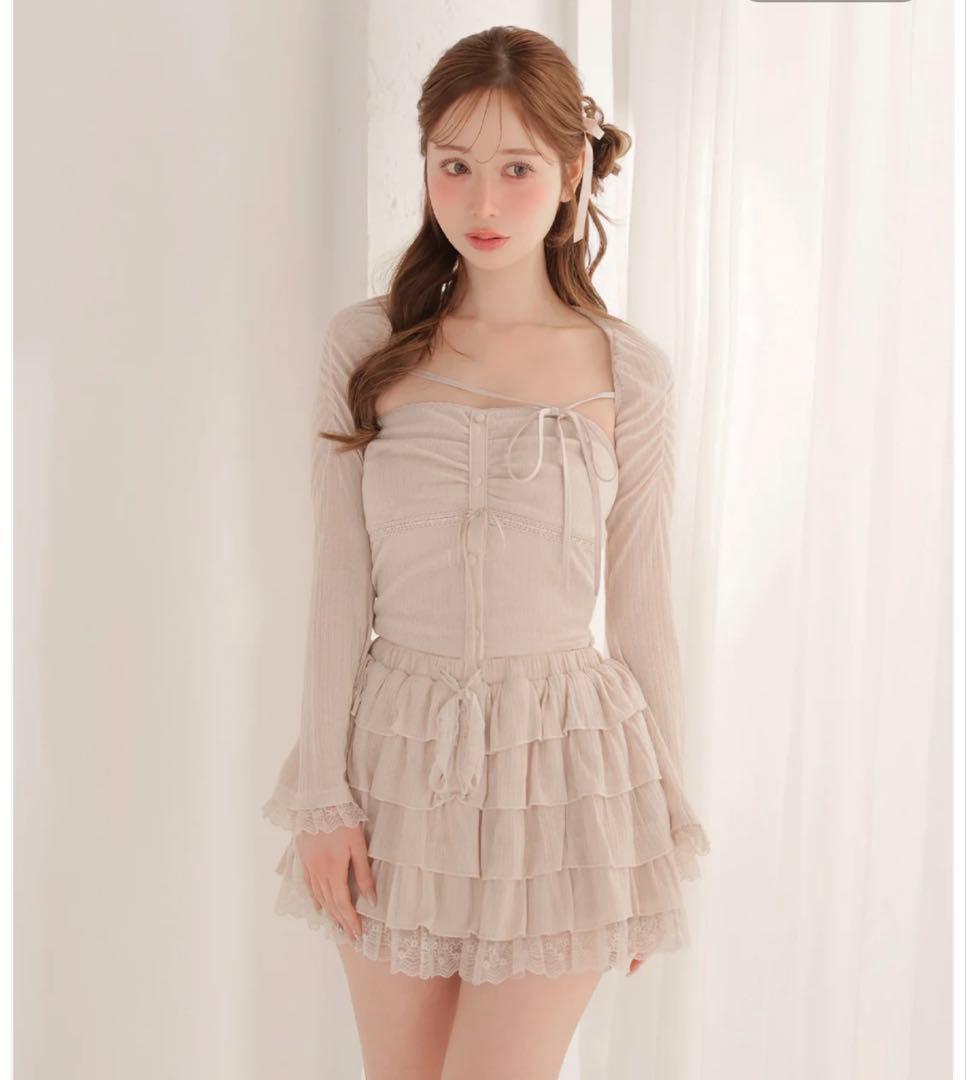 Bell sleeve ribbon bare top ensemble ピンク