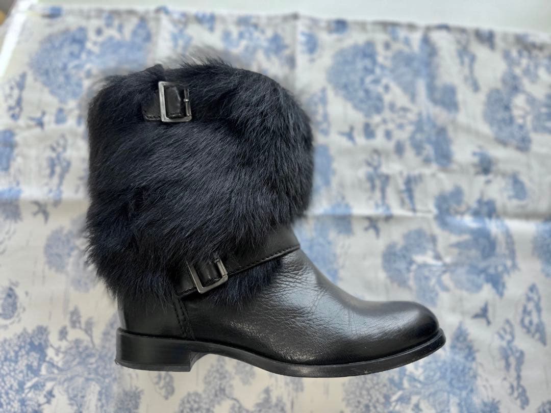PRADA size 38 レザー ファー ショートブーツ バックル付き
