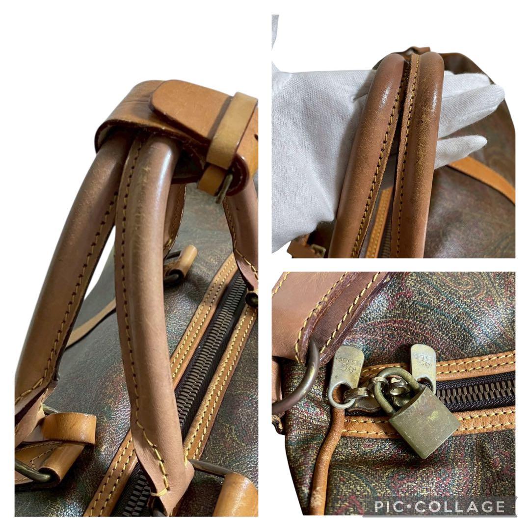 良品 エトロ 大容量 ボストンバッグ PVC レザー ペイズリー柄 旅行用 茶