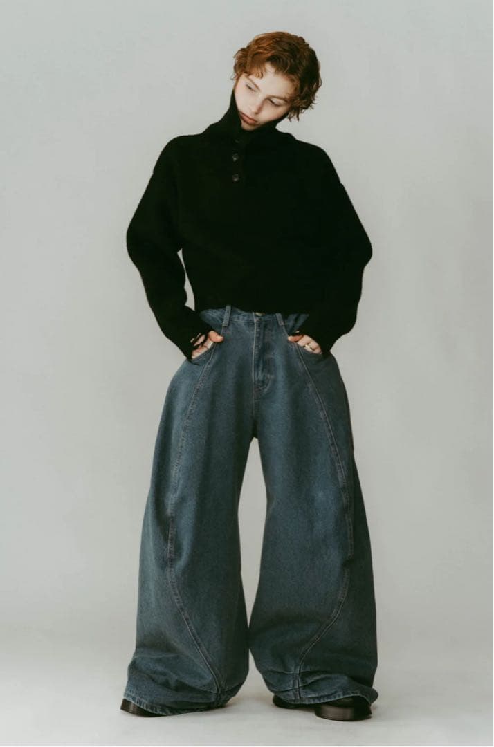 【。。。】tuck design denim pants