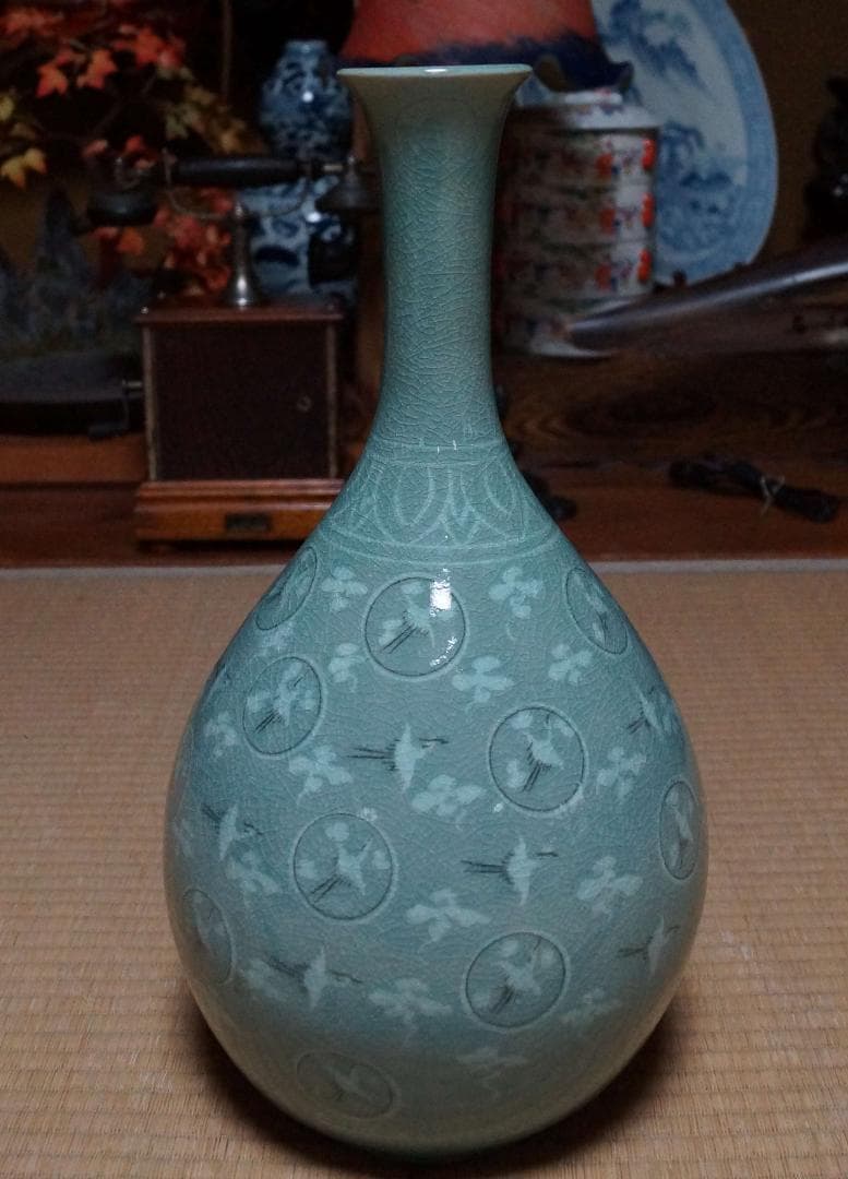 申根洙作 象嵌丸紋雲鶴文 大型鶴首瓶 飾壺 作家物高麗青磁 栞付 共箱高さ42㎝
