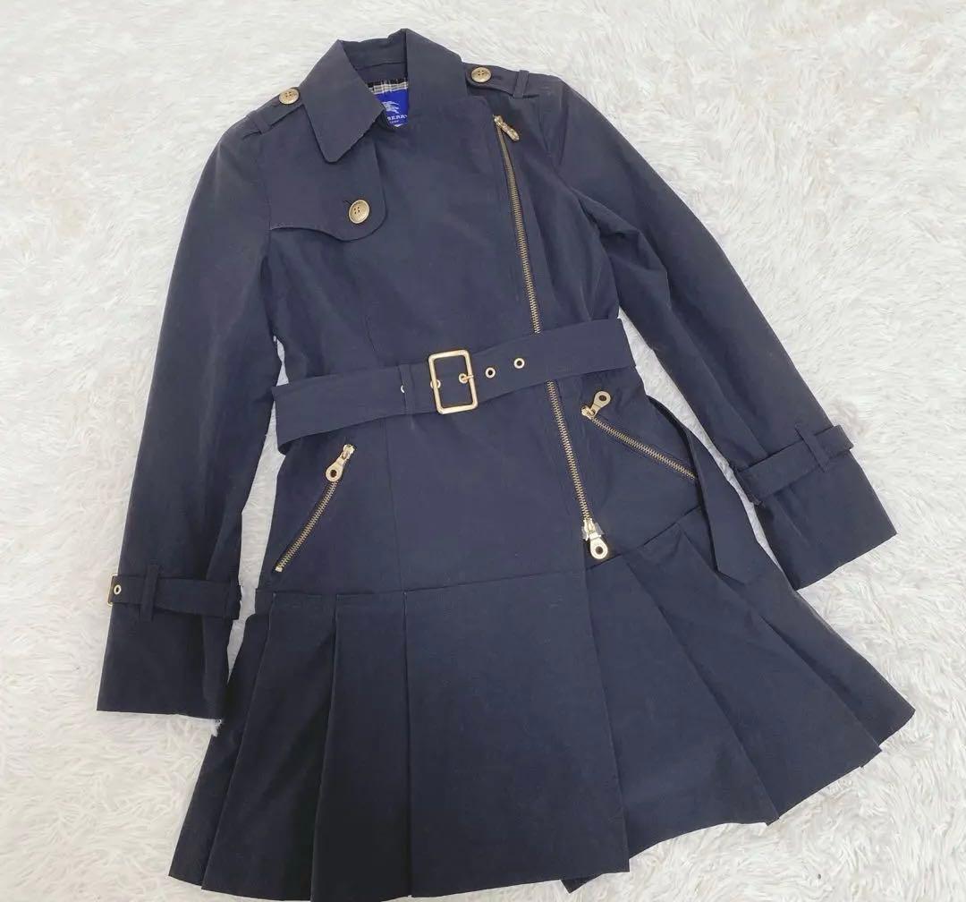 希少 バーバリー トレンチ風コート ベルト付き プリーツ 金ボタン ネイビー