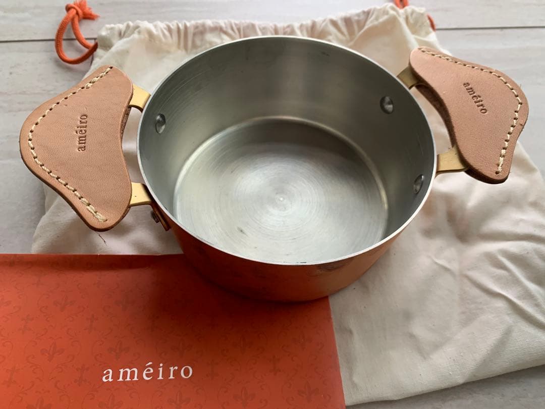 【週末特別値引き】【純銅】ameïro 牛革 両手鍋 12.5cm 収納袋付き