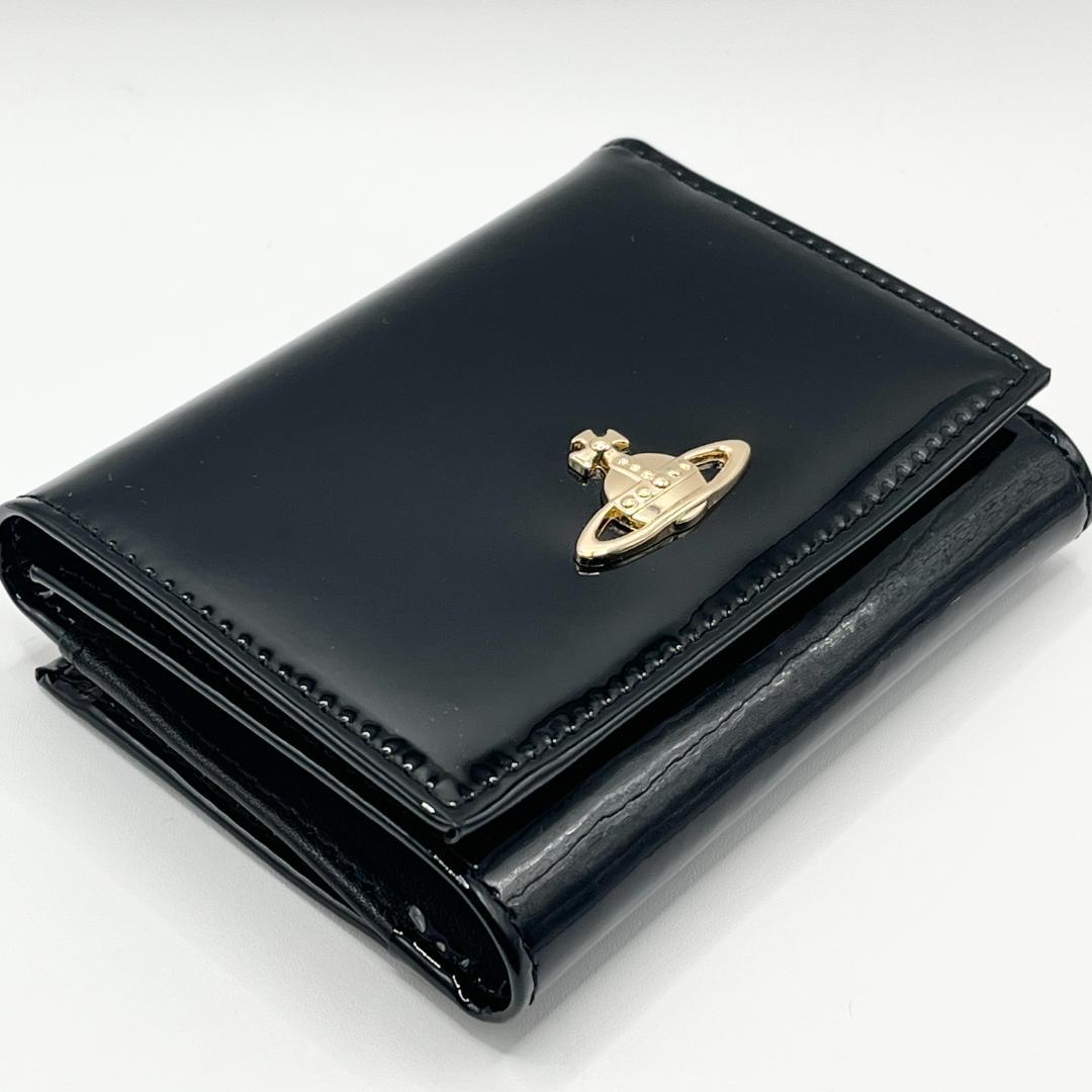 未使用 Vivienne Westwood エナメル がま口 折財布 黒ツルツル