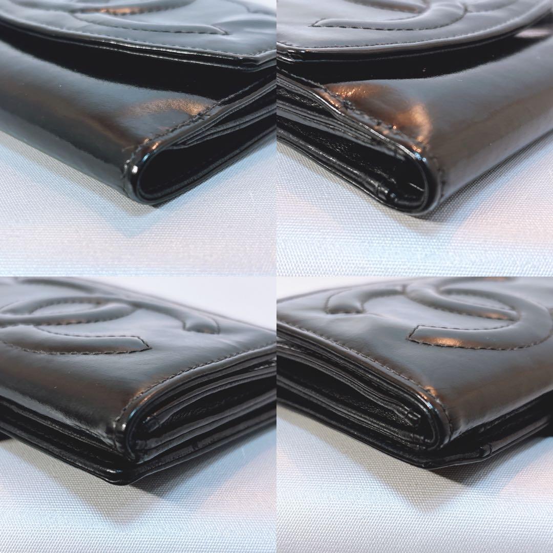 【シャネル】パテントレザー ココマーク Wホック 折財布 チェーンウォレット 黒