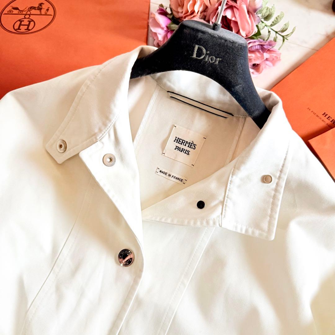 極美品★HERMES コットン スプリングコート セリエボタン ホワイト 38