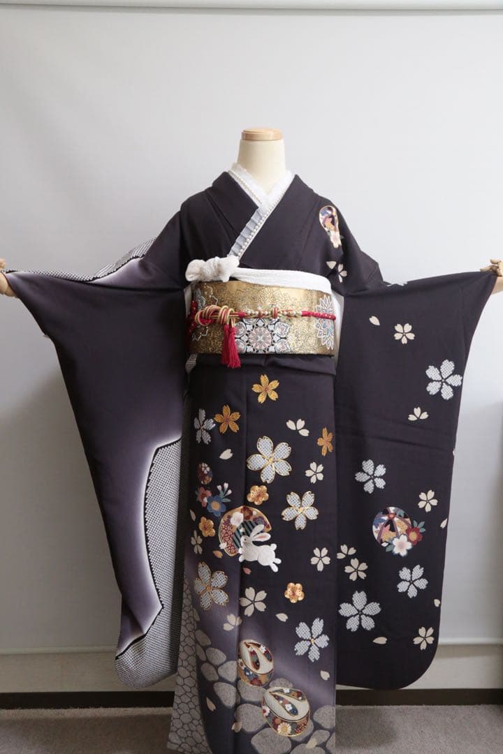 振袖4点セット 紺と白 兎 鹿子 美品 京都きもの友禅お誂え
