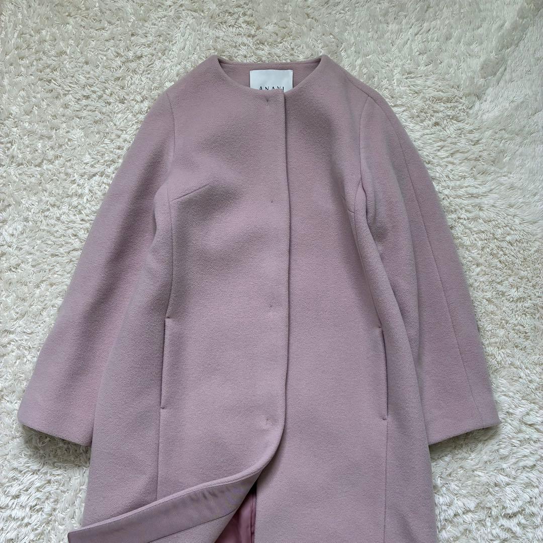 ANAYI アナイ ダブルビーバー クルーコート ノーカラー カシミヤ混 ピンク