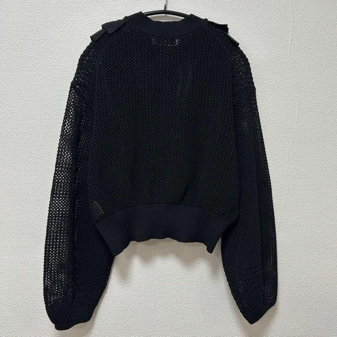 【未使用】ADAM ET ROPE’ ラッフルメッシュ編みカーディガン ブラック