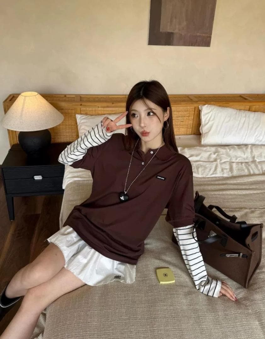 miumiuブラウン ポロシャツ ストライプ長袖 美品 S