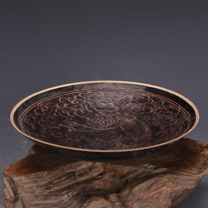 黒定彫雲竜紋笠碗 磁器碗 景徳鎮 陶磁器 装飾品 現代工芸品美術品 置物
