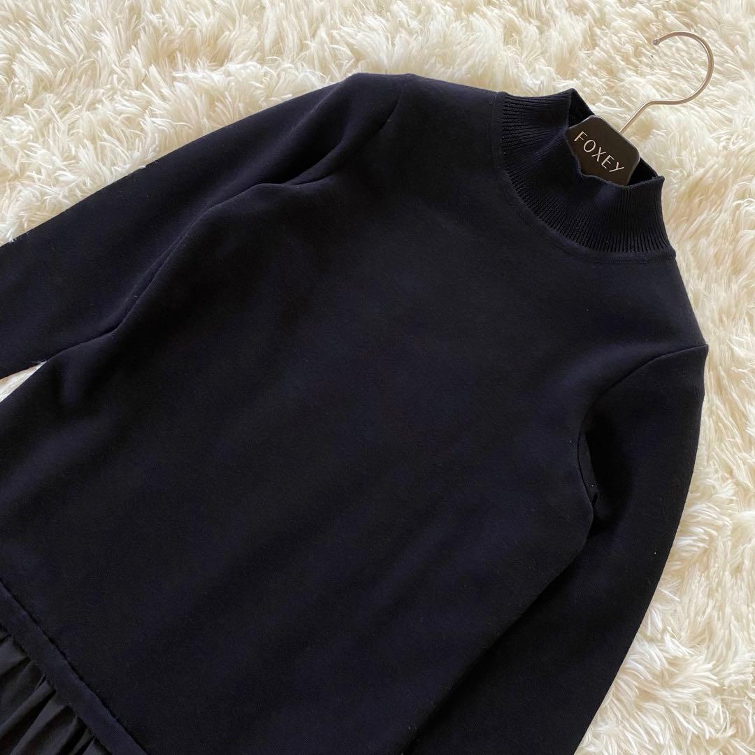 美品✨アナイ　ウールタフタドッキングワンピース ギャザー　切替　膝丈　ブラック