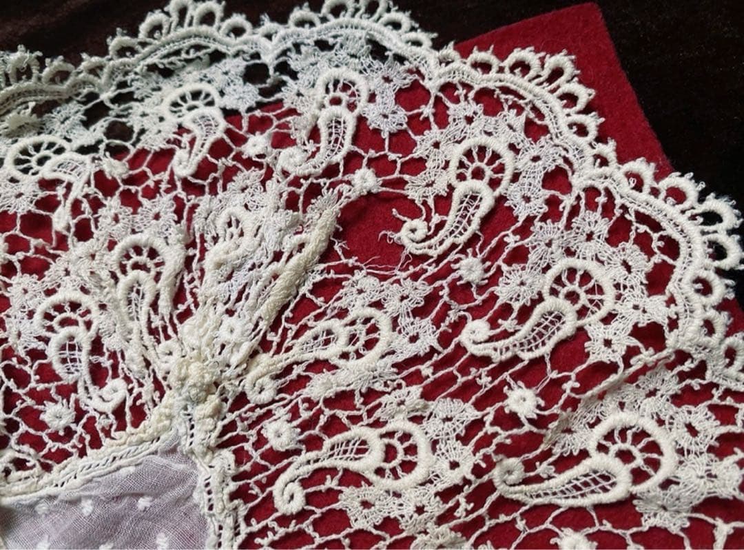 フランス　アンティーク　豪華　レース襟　つけ襟　ボビンレース＆ドット刺繍