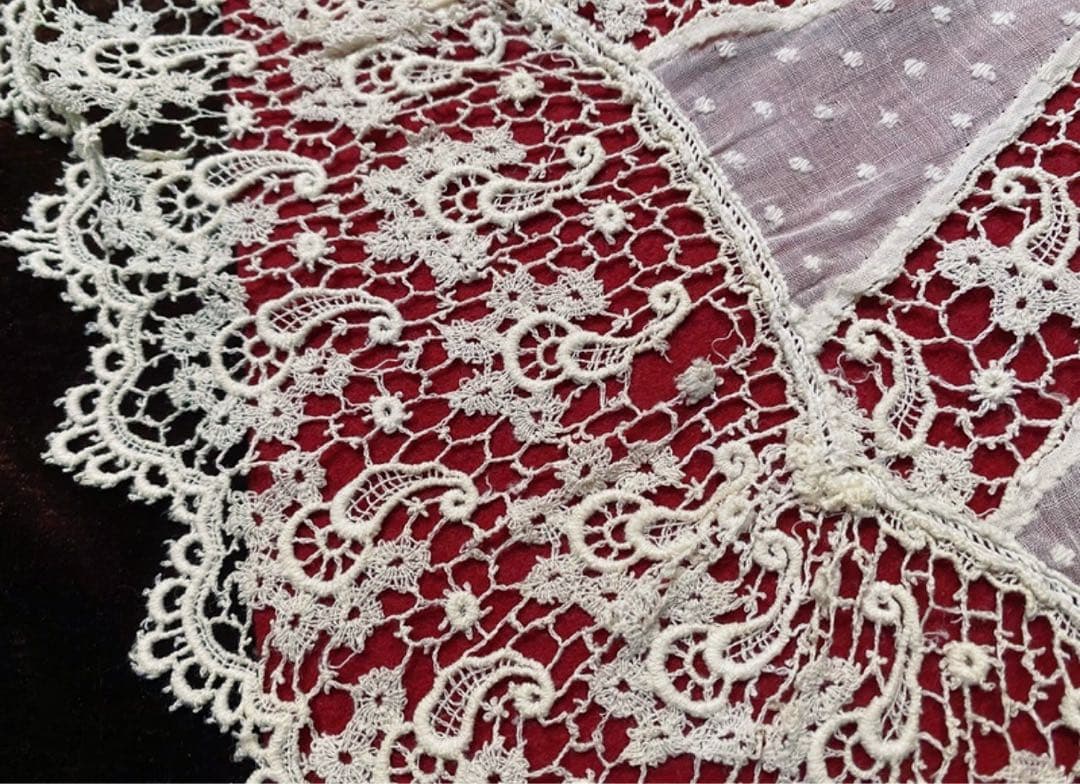 フランス　アンティーク　豪華　レース襟　つけ襟　ボビンレース＆ドット刺繍