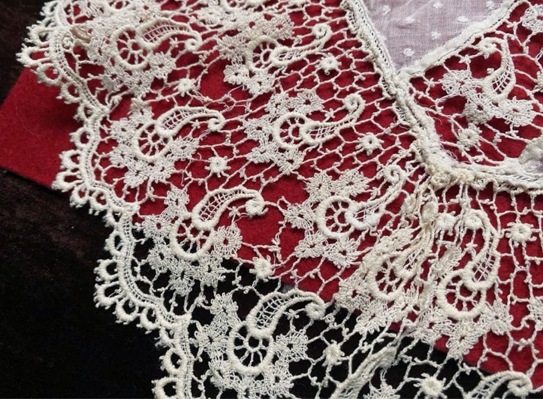 フランス　アンティーク　豪華　レース襟　つけ襟　ボビンレース＆ドット刺繍
