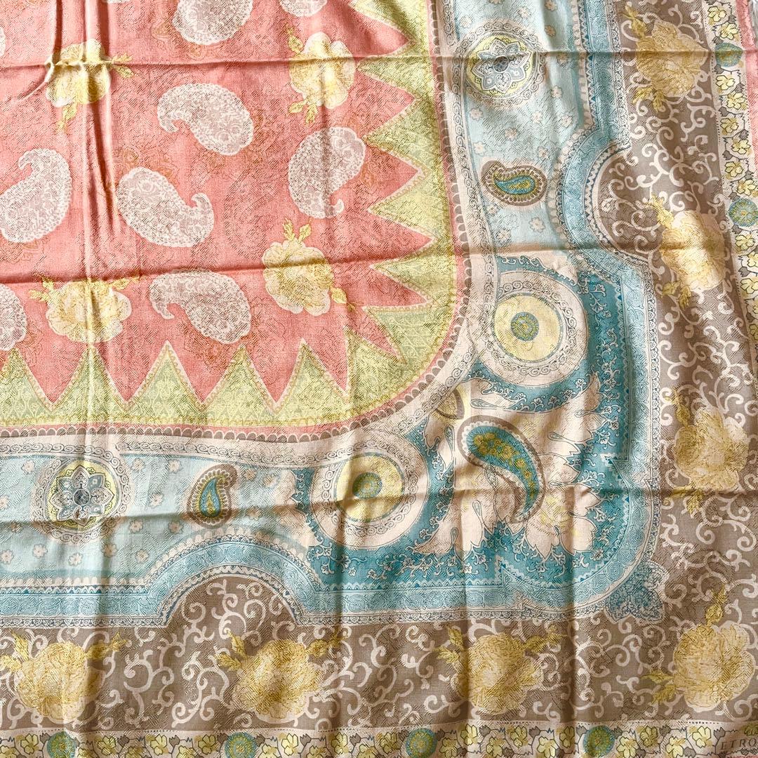 ⭐️SALE⭐ エトロ　ショール　ジャガード　ベージュ　牡丹　菊　シルク混ウール