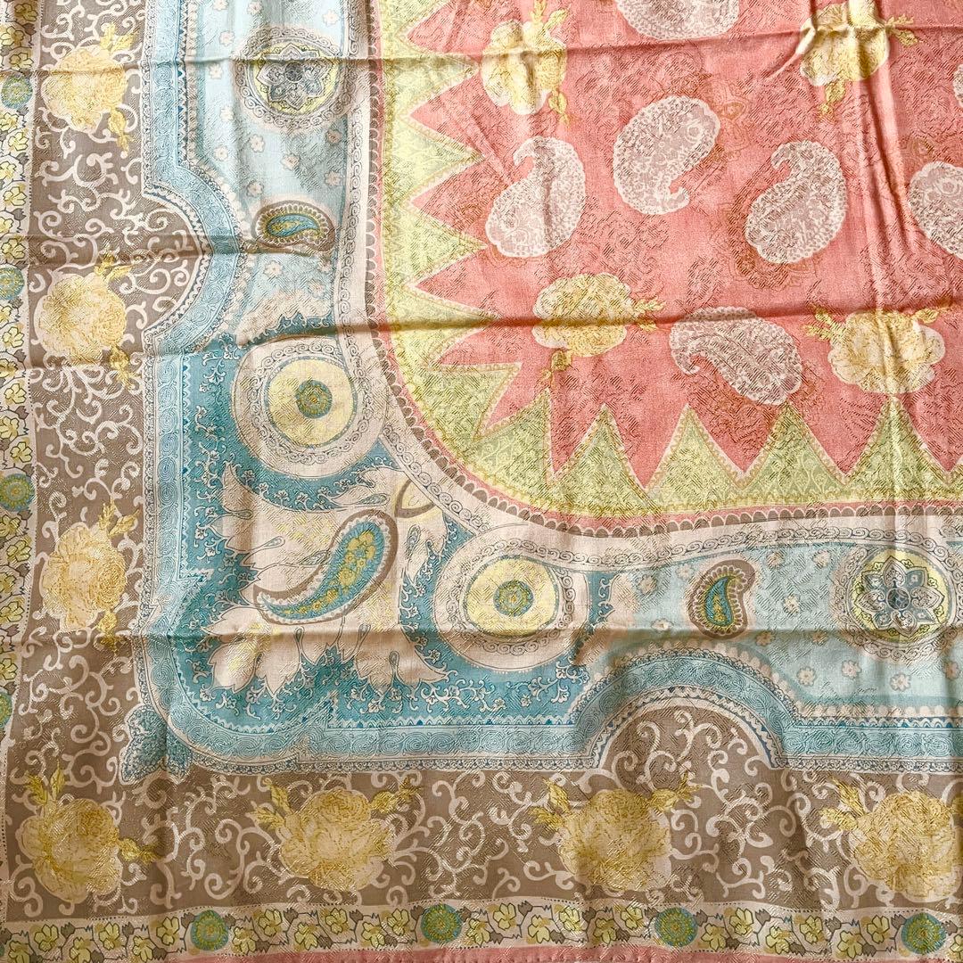 ⭐️SALE⭐ エトロ　ショール　ジャガード　ベージュ　牡丹　菊　シルク混ウール