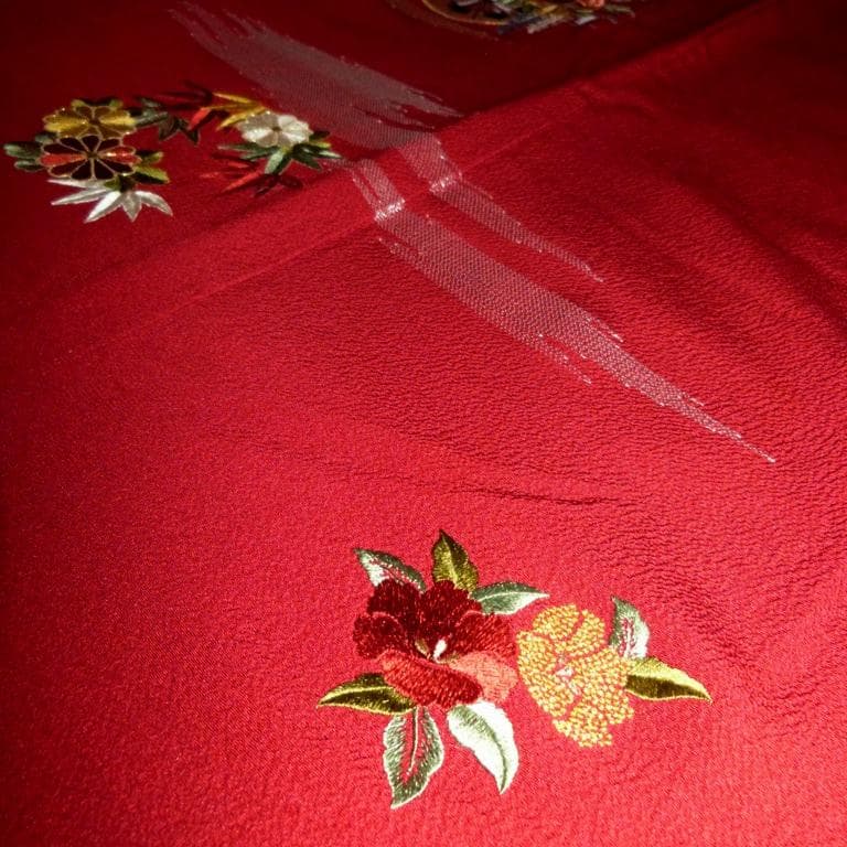 ア*カ様 朱色刺繍御所車牡丹 絹 身丈約157㎝強裄約66㎝ 超美品並6点セット