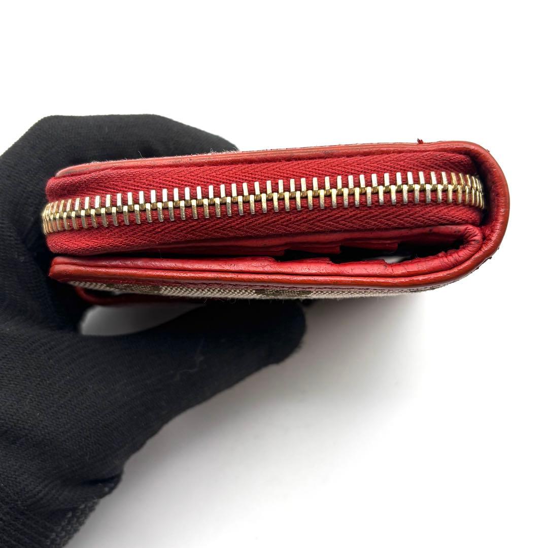グッチ 折り財布 GGキャンバス レザー レッド コンパクト ラウンドファスナー