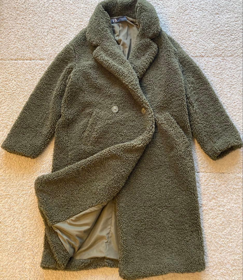 美品　ZARA ディディベアコート　ロング丈　カーキ